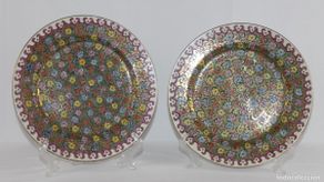 Antigüedades: Pareja de platos chinos de Macau esmaltados a mano con decoración Millefiori